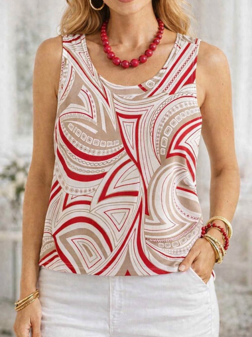 Chico’s Red, White & Beige Tribal Print Microfiber Tank Top | Size M